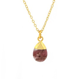 Gempires Rhodonite Crystal Pendant Necklace, 9 x 13 mm Pear Cabochon, 16 + 2 Inch Adjustable 14k Yellow Gold Plated Chain (Rhodonite)