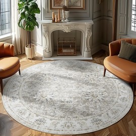 jinchan Round Rug 7ft Area Rug - Taupe Vintage Floor Mat Kitchen Indoor Thin Rug Floral Print - Washable Circle Rug 7' Round Retro Accent Rug Farmhouse Non Slip Dining Room Living Room Bedroom Office