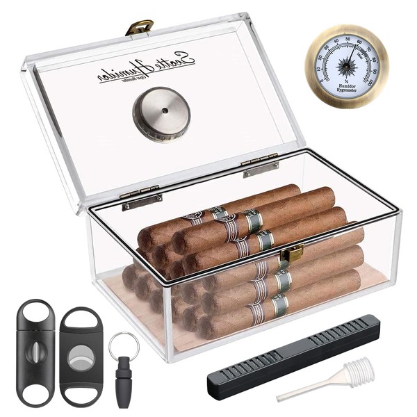 Scotte Acrylic Cigar Humidor Jar/case/Box with Humidifier and Hygrometer,humidor Can Hold About 20 Cigars Including Cigar Cutters and Cigar Punch (Clear-1)