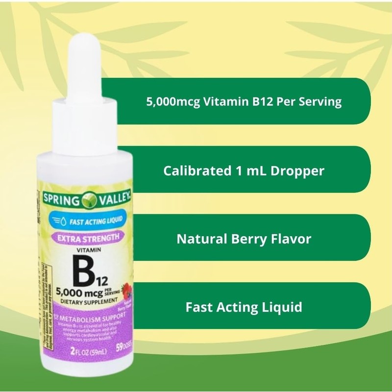 Spring Valley Liquid Vitamin B12, 5000mcg, Metabolism Supplement, Berry, 2