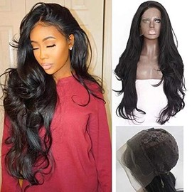 Sylvia 24" 1b Black Natural Wave Synthetic Lace Front Wigs 180% Density Black Half Hand Tied Heat Resistant Fiber Hair Replacement Wig for Woman