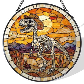 Western Dinosaur Stained Glass Window Hanging Suncatcher, Prehistoric Dino Fossils Sun Catcher Indoor Window Decor, Dinosaur Skeleton Painted Glass Wall Hanging Decorations, 7.8x7.8 in