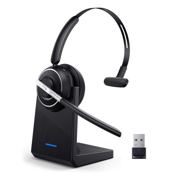 Bluetooth Headset, Wireless Headset with Microphone for PC, V5.2 Computer Headset with Noise Cancelling Mic, USB Dongle, Charging Base & Mute Button for Work, Cell Phones, Computer, Call Center, Zoom