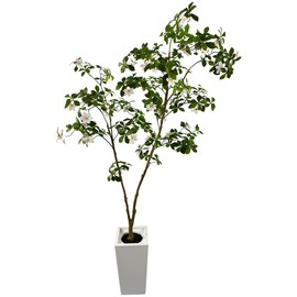 Artificial Gardenia Tree with White Flowers, 6 ft Tall, Potted Faux Plant with Green Leaves