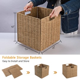 Vagusicc Wicker Baskets, Set of 2 Hand-Woven Storage Baskets for Shelves with Handles, Foldable Cube Wicker Storage Basket Bins Organizer 13 Inches Large Woven Baskets for Storage Organizing & Decor