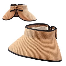 Manfnee Summer Visor Hat for Women Wide Brim Straw UV Protection Sun Hat Packable Tonytail Beach Hat for Travel, c1:khaki