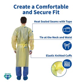 Medtecs Disposable Isolation Gowns - AAMI Level 4 PPSB+PE - 10/100 PC - Seal Tape & Elast Cuffs, Fluid Resistant Durable Comfortable PPE - CoverU Series, Unisex Adult | Yellow, 10 PC