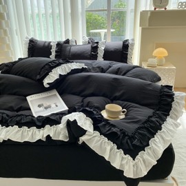 Shabby Chic 3 Pieces Bedding,Vintage Ruffled Full Duvet Cover Set with 2 Layers Ruffles,Soft Brushed Microfiber Set with Zipper Closure,Lightweight Duvet Cover Set-Black,Full