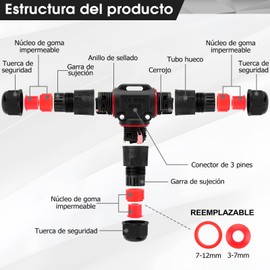 Conector de Cable a Prueba de Agua de 5 Piezas T, Caja de Unión de Iluminación Al Aire Libre con Diseño de Diseño, Conexión a Tierra y Cable de Alimentación para Lámparas Al