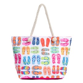 Leisureland Large Beach Tote Bag, Top Zipper Boat Bag (Flip Flops)