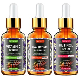 Wumal 3 Pack Face Serum Set - Includes Vitamin C, Retinol & Hyaluronic Acid - Firming, Brightening & Hydrating - Reset Your Skin Day and Night