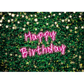 LTDKAEN Green Leaves Happy Birthday Backdrop Greenery Pink Neon Happy Birthday Photography Nature Green Grass Wall Birthday Backdrop Decoration Photo Props for Birthday Party(10×8FT)