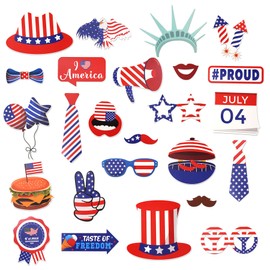 OPUNOHU 25PCS 4th of July American Independence Day Photo Booth, Patriotic Photo Booth Props, 4th of July Photo Booth for Independence Day Labor Day Patriotic Party Decorations