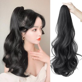Ponytail Point Wig, Curly Long Ponytail Wig, Wig, Curly Hair, 19.7 inches (50 cm), Easy Clip-on Extension, Ponytail, Long Extension, Hair Extension, Natural (Natural Black)