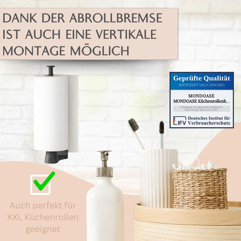 Mondoase® Kitchen Roll Holder 2.0 [No Drilling] + One-Handed Tear