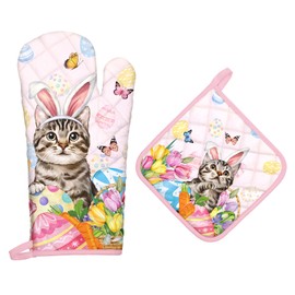 Arquiel Easter Cat Eggs Oven Mitts and Pot Holders Sets 2Pcs, 100% Cotton Heat Resistant, Extra Long Oven Gloves Potholder for Kitchen Cooking Baking Decoration