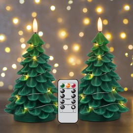 Eldnacele Christmas Tree Flameless Candles String Lights with 11-Key Remote and Timer, Battery Operated 3D Wick Flickering Real Wax LED Pillar Candles Xmas Eve Dinning Holiday Decor(2Pcs,3"×7.1")