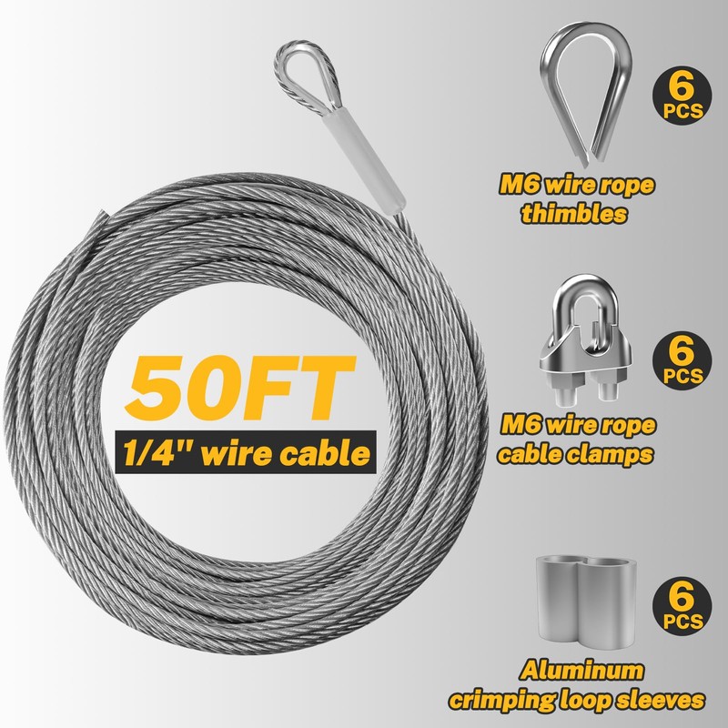 1/4" Wire Rope,50FT 304 Stainless Steel Wire Cable Kit,7x19 Strand