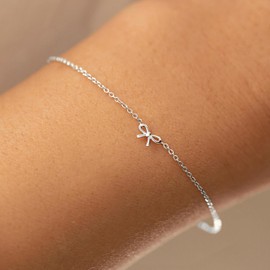 Poxtex Sterling Silver Bow Bracelet for Women Waterproof, 925 Plated Trendy Thin Tiny Mini Dainty Adjustable Chain Fashion Accessories Jewelry Gift for Womens Daughter Mom Christmas Stocking Valentines