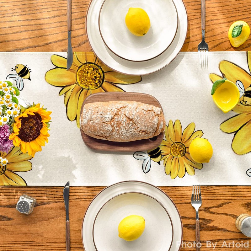 Artoid Mode Beige Bee Sunflower Table Runner, Seasonal Spring Summer