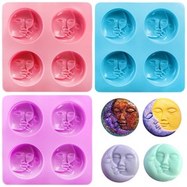 Hedume 3 Pack Sun & Moon Silicone Soap Molds, 4 Cavity Sun & Moon Face Soap Molds, Crescent Moon Face Silicone Soap Mold for Handmade Bath Bombs, Lotion Bar, Polymer Clay, DIY Resin Making