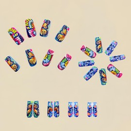 Spring Press on Nails Butterfly Stick on Nails Flower Glue on Nails Colorful Acrylic False Nails Medium Coffin Fake Nails Glossy Full Cover Artificial Fake Nail Reusable Nails Kit for Women Girl 24Pcs