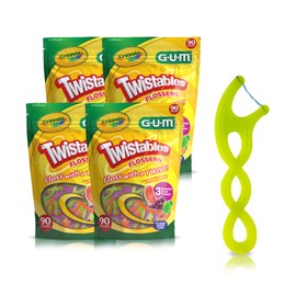 GUM Crayola Twistables Kids Flossers with Fluoride - Designed for Little Hands - Three Fun Fruit Flavors - Easy to Use Kids Floss Picks for Children Ages 3+, 90 ct (Pack of 4)