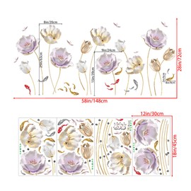 Giant Gold Flower Wall Decals Lotus Tulip Flowers Floral Wall Stickers DIY Removable Colorful Butterfly Fish Wall Art Decor for Kids Girls Bedroom Living Room Nursery Office Decoration DT-4948