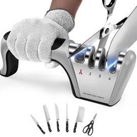 4-in-1 Knife Sharpener with 4-Stage Sharpening, Manual Kitchen Sharpener for Ceramic & Steel Knives and Scissors, Black