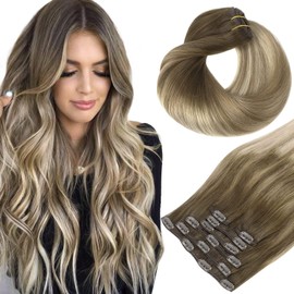 hotbanana Clip in Hair Extensions, Walnut Brown to Ash Brown and Bleach Blonde Clips in Hair Extension Real Human Hair Double Weft Clip In human Hair Remy Hair Extensions 12 inch 80g 7pcs