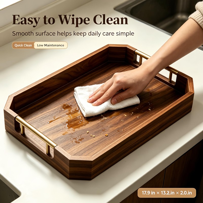 Wooden Serving Tray with Metal Handles, Acacia Wood Rectangular Decorative