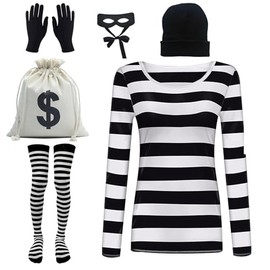 Adult Halloweent Robber Costume Set Black and White Striped Tee Shirt Money Bag Gloves Eye Patch and Beanie Cap (Womens, Medium)