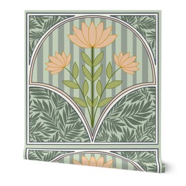 Peel & Stick Wallpaper 3ft x 2ft - Floral Art Nouveau Pink Flower White Vintage Green Leaves Custom Removable Wallpaper by Spoonflower