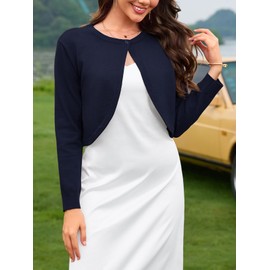 Wiwclo Women's Long Sleeve Cropped Cardigan Sweaters Open Front Bolero Short Shrugs Elegant with Buttons Navy Blue L
