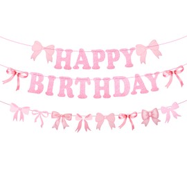 Happy Birthday Banner Pink Bows Set, Pink Birthday Decoration for Women & Girls, Party Bow Decorations, Perfect for Women's Celebrations, Ideal for Adding a Fun, Feminine Touch to Your Celebration