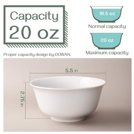 DOWAN 20oz Ceramic Cereal Bowls - 6 White Kitchen Soup Bowls Set - Deep White Bowls for Soup, Cereal and Salad, Microwave and Dishwasher Safe