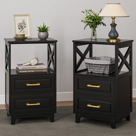 RoyalCraft 30" Tall Nightstand Set of 2, Black Side Table with 2 Drawers and Open Shelf on Top, Bedside Table with Solid Feet, Modern Night Stand End Table for Bedroom, Home Office, Black