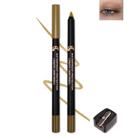 Gold Glitter Eyeliner Pencil, Multi-Use Shimmer Colored Gel Eyeliner Waterproof, Smudge-Proof Long Wear Waterline Eye Liner Pen with Sharpener, Smooth Cream High Pigmented Eye Makeup for Stage-12