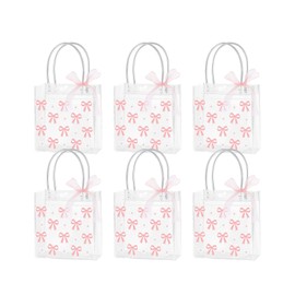 Dmnnlp 6 Pcs Pink Bow Clear Gift Bags, Small PVC Gift Bag With Handles Ribbon 15x16x8cm,Reusable Bow Bags for Birthdays Weddings Parties Baby Shower Bachelorette