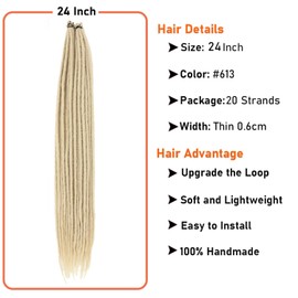 BRUNNACE 24 Inch Dreadlock Extensions Thin 0.6cm Synthetic Dreadlock Extensions 20 Strands Handmade Single Ended Dreadlocks Blonde Color