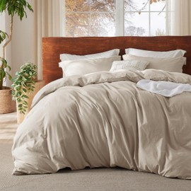 Bedsure 100% Washed Cotton Duvet Cover Cal King - Oatmeal Minimalist Cotton Duvet Cover Linen Like for All Seasons - GentleSoft™ Plain Simple Bedding, 3 Pieces (Oatmeal, California King, 104"x98")