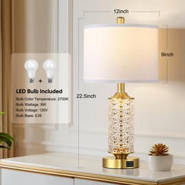 QiMH Set of 2 Table Lamps with USB A+C Ports, Modern Bedside Lamp with LED Night Light, Bedside Lamp for Bedroom, Nightstand Lamps for Living Room Office (Gold)(2 Bulbs Include)