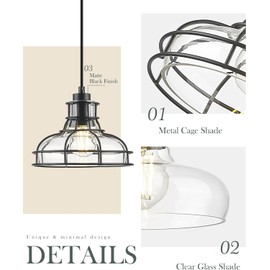YKLITG 2PK 8.7" Industrial Pendant Lights with Glass Shade & Metal Cage