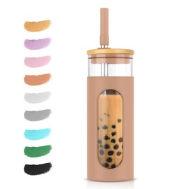 Tronco 20oz Glass Tumbler with Bamboo Lid and Straw, Reusable Iced Coffee Cup for Boba Tea, Smoothies & Cold Drinks, Spill-Proof Glass Cup with Silicone Sleeve, Dishwasher Safe, BPA-Free