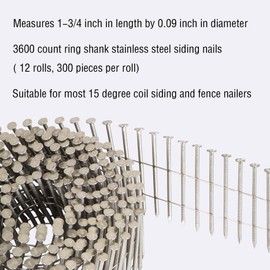 LiGuVCY Stainless Steel Siding Nails - 1-3/4x0.09 Ring Shank 15 Degree Coils, 3600 Count Small Cap Coil Roofing Ring Shank Siding Nails for Siding and Fencing, Etc