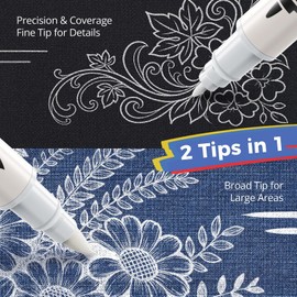 White Fabric Marker Pen Permanent for Clothes, Dual Tip Opaque Laundry Marker for Stain & Bleach Mark Covering on Dark Fabrics, No-Bleed Fabric Pen for Clothing, Washable Fade-Resistant, 2 Pack