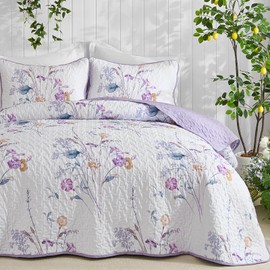 WONGS BEDDING 3 Pieces Quilt Set Queen Size, Purple Floral Botanical Plants Pattern Bedspread Coverlet Set with 2 Pillowcases, Soft Lightweight Microfiber Bedding Set for All Season(96"×90")