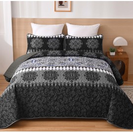 Xruibed Grey Quilt Set Queen Bohemian Striped Quilt Coverlet Set 3 Pieces Boho Patchwork Bedspread with 2 Pillow Shams Elegant Soft Bedding Quilt Set for Teens Adults 96"x 90"