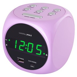 HANNLOMAX HX-702C Digital Clock with Dual Alarm, 0.7" Green LED Display. Dual USB Ports (USB-A & Type-C) for Charging, AC Operation only. (Pink)