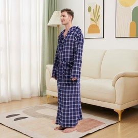 FG FEAYIGUDIM Mens Plush Plaid Hooded Robe, Full Length Fleece Big and Tall Bathrobe with Hood